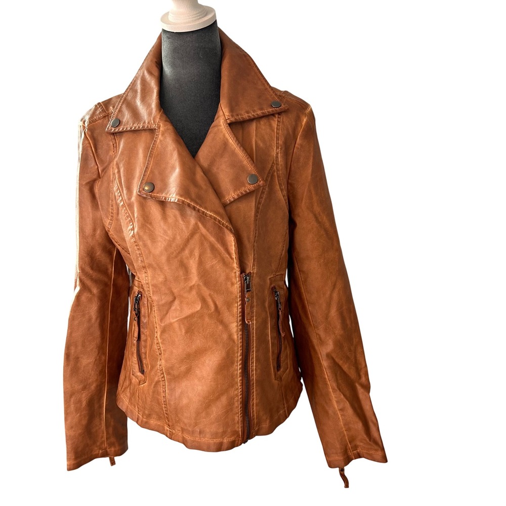 Max Studio Womens Cognac Faux Leather Moto Biker Jacket Distressed Brown Medium